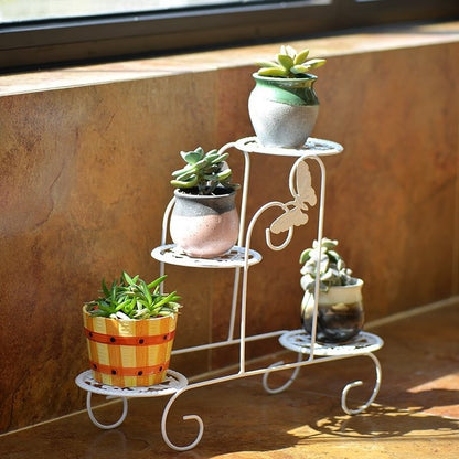 ELECTROPRIME Mini Wrought Iron Multi-function Flower Pot Flower Stand for Office Desktop Sill Balcony(White)