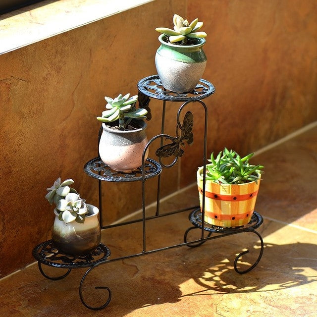 ELECTROPRIME Mini Wrought Iron Multi-function Flower Pot Flower Stand for Office Desktop Sill Balcony(Black)