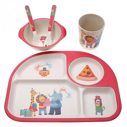ELECTROPRIME 5 PCS/set Eco-friendly Bamboo Fiber Baby Plate Dishes 4 Slots Children Tableware Dishes Dinnerware(Red)