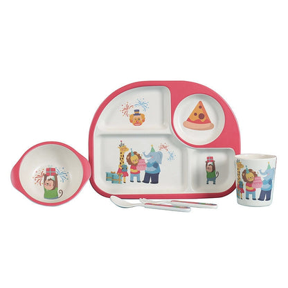 ELECTROPRIME 5 PCS/set Eco-friendly Bamboo Fiber Baby Plate Dishes 4 Slots Children Tableware Dishes Dinnerware(Red)
