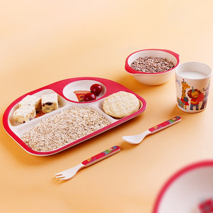 ELECTROPRIME 5 PCS/set Eco-friendly Bamboo Fiber Baby Plate Dishes 4 Slots Children Tableware Dishes Dinnerware(Red)