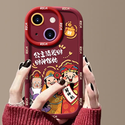 ELECTROPRIME For iPhone 15 Puffy Phone Case Princess Please Fortune God Of Wealth Drop-Proof Phone Case(Wine Red)