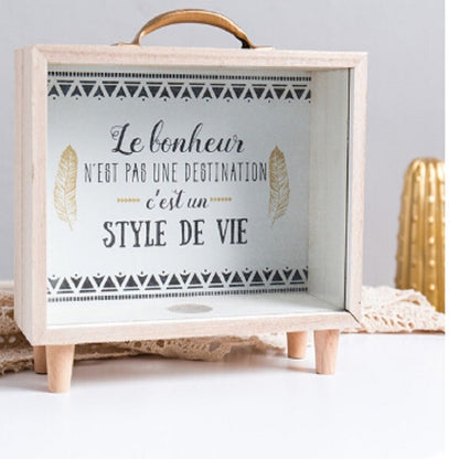 ELECTROPRIME Creative Wooden Art Fresh Piggy Bank Bedroom Desktop Decoration Ornaments Sundries Storage Box, Style:Handle Wooden Storage Box - A