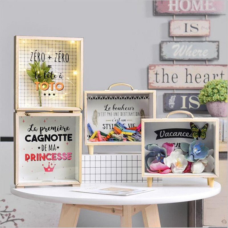 ELECTROPRIME Creative Wooden Art Fresh Piggy Bank Bedroom Desktop Decoration Ornaments Sundries Storage Box, Style:Wooden Storage Box - A