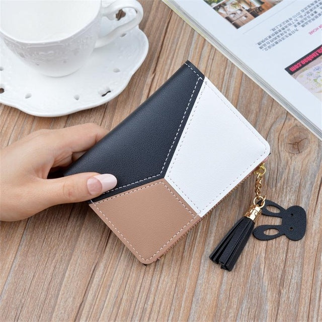 ELECTROPRIME Short Leather Women Zipper Purse Panelled Wallets Trendy Coin Purse(Black)