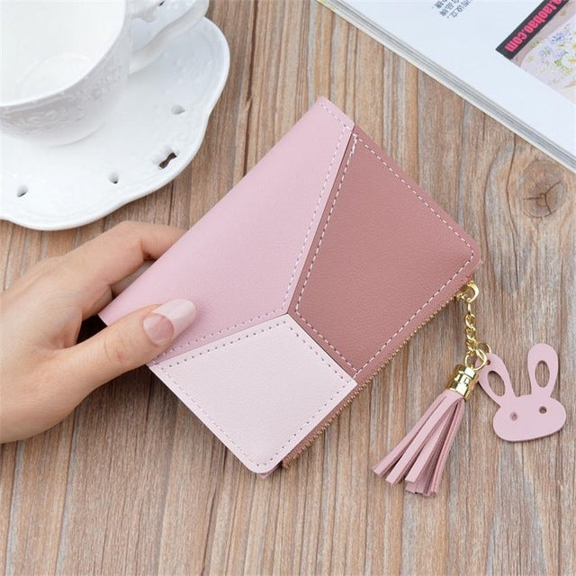 ELECTROPRIME Short Leather Women Zipper Purse Panelled Wallets Trendy Coin Purse(Pink)