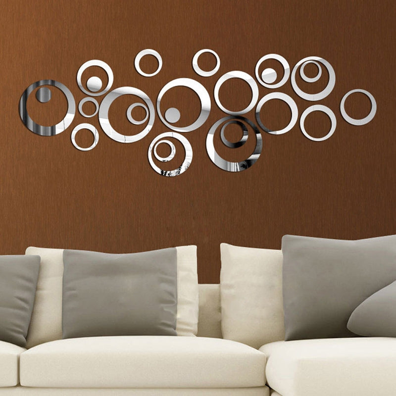 ELECTROPRIME 24 PCS 3D DIY Circles Decoration Mirror Wall Stickers for TV Background Home Decor Acrylic Decor Wall Art(Silver)