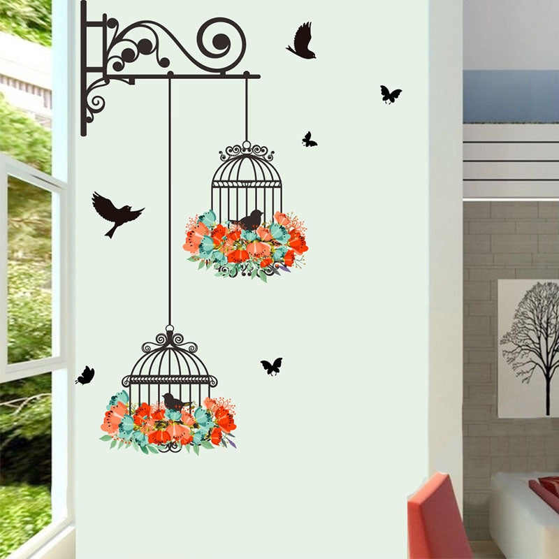 ELECTROPRIME Birdcage Flower Flying Living Room Nursery Room Wall Stickers Vinyl Wall Decals Wall Sticker