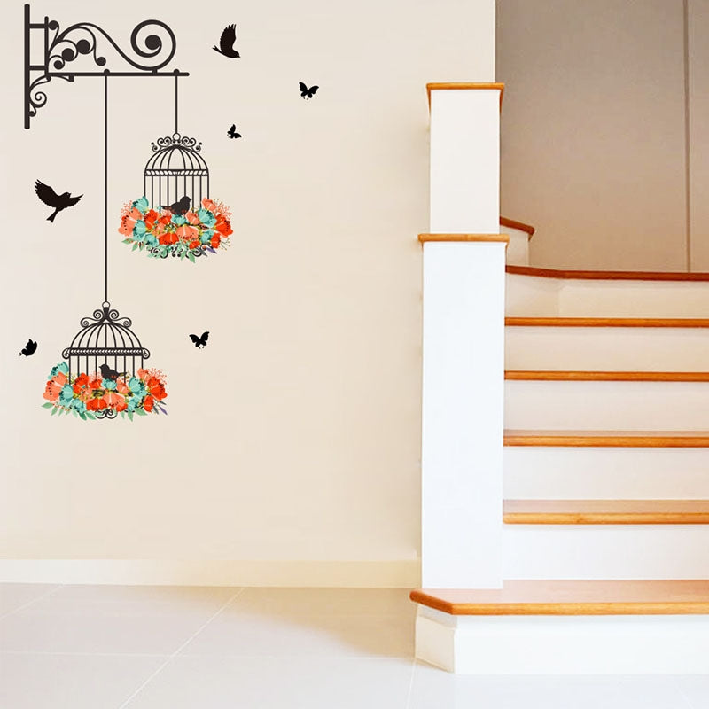ELECTROPRIME Birdcage Flower Flying Living Room Nursery Room Wall Stickers Vinyl Wall Decals Wall Sticker
