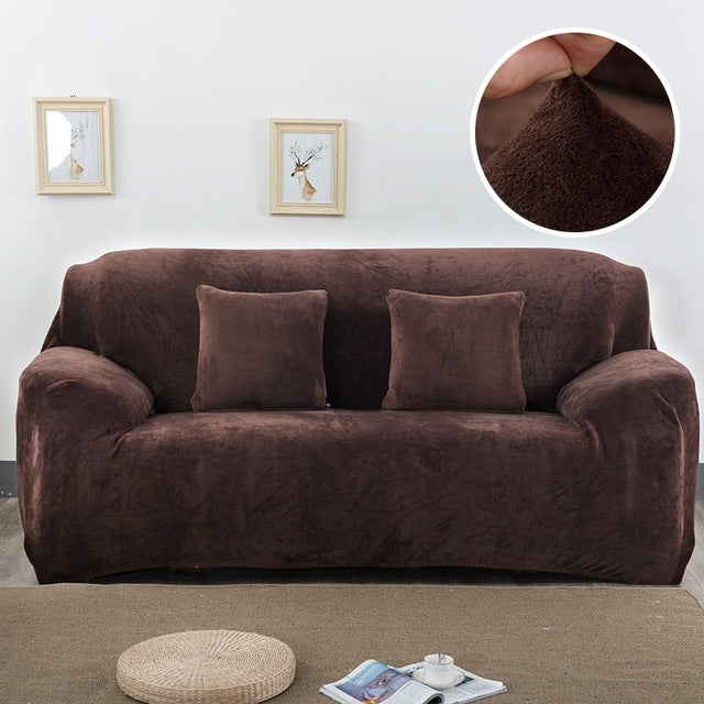 ELECTROPRIME Plush Fabric Sofa Cover Thick Slipcover Couch Elastic Sofa Covers Not Include Pillow Case, Specification:3 seat 190-230cm(Coffee)