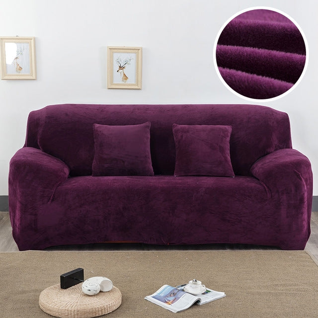 ELECTROPRIME Plush Fabric Sofa Cover Thick Slipcover Couch Elastic Sofa Covers Not Include Pillow Case, Specification:3 seat 190-230cm(Purple)