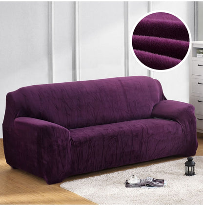ELECTROPRIME Plush Fabric Sofa Cover Thick Slipcover Couch Elastic Sofa Covers Not Include Pillow Case, Specification:3 seat 190-230cm(Purple)