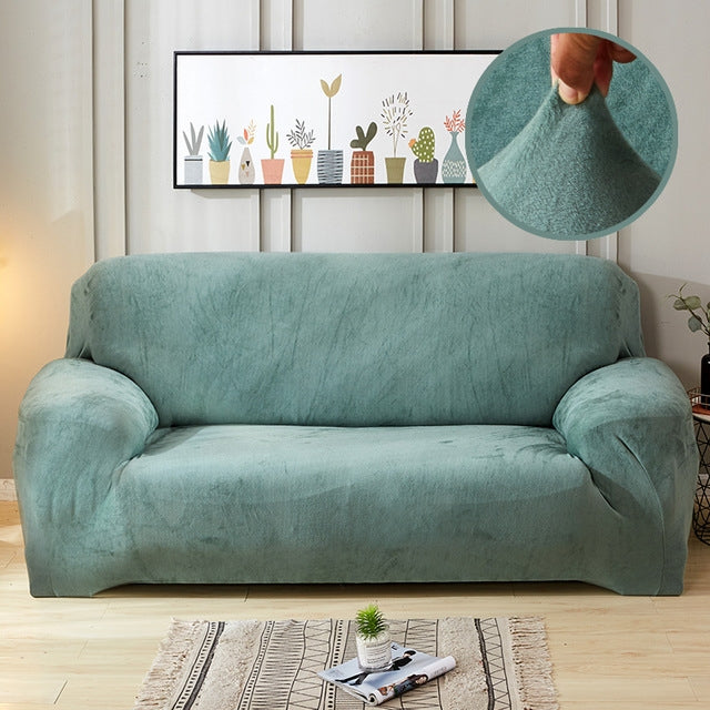 ELECTROPRIME Plush Fabric Sofa Cover Thick Slipcover Couch Elastic Sofa Covers Not Include Pillow Case, Specification:3 seat 190-230cm(Cyan-Blue)