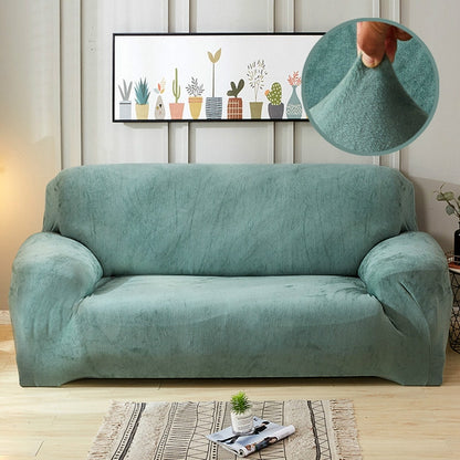 ELECTROPRIME Plush Fabric Sofa Cover Thick Slipcover Couch Elastic Sofa Covers Not Include Pillow Case, Specification:4 seat 230-300cm(Cyan-Blue)