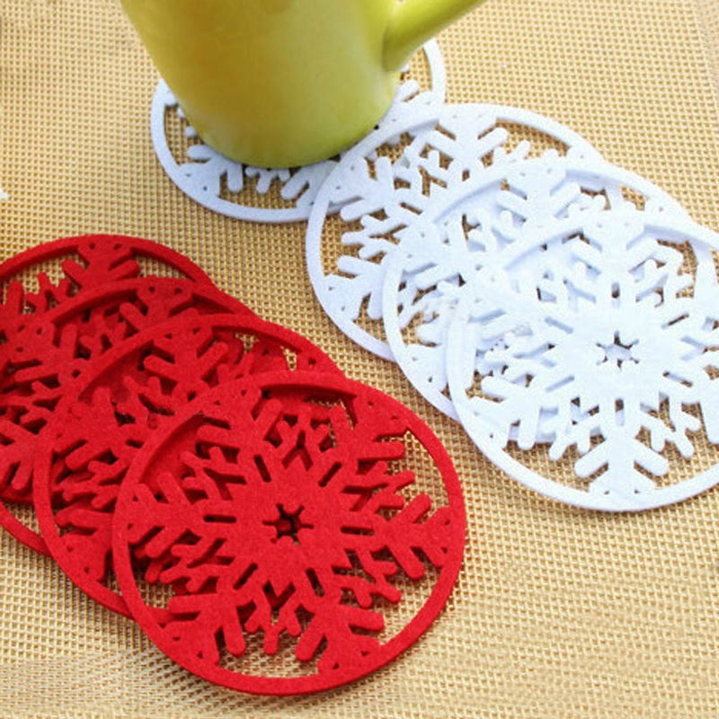 ELECTROPRIME 10 PCS Merry Christmas Decorations Snowflakes Cup Pad Non-woven Fabric Dinner Party Dish Tray Coffee Pads(White)