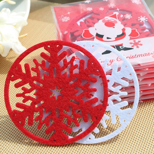 ELECTROPRIME 10 PCS Merry Christmas Decorations Snowflakes Cup Pad Non-woven Fabric Dinner Party Dish Tray Coffee Pads(Red)