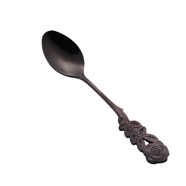 ELECTROPRIME Small Mini Stainless Steel Rose Flower Coffee Spoon Strring Spoon Teaspoon Tea Spoon Dessert Spoon Long Handle Tableware(Black Gold)