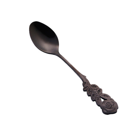 ELECTROPRIME Small Mini Stainless Steel Rose Flower Coffee Spoon Strring Spoon Teaspoon Tea Spoon Dessert Spoon Long Handle Tableware(Black Gold)