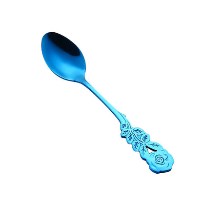 ELECTROPRIME Small Mini Stainless Steel Rose Flower Coffee Spoon Strring Spoon Teaspoon Tea Spoon Dessert Spoon Long Handle Tableware(Blue)