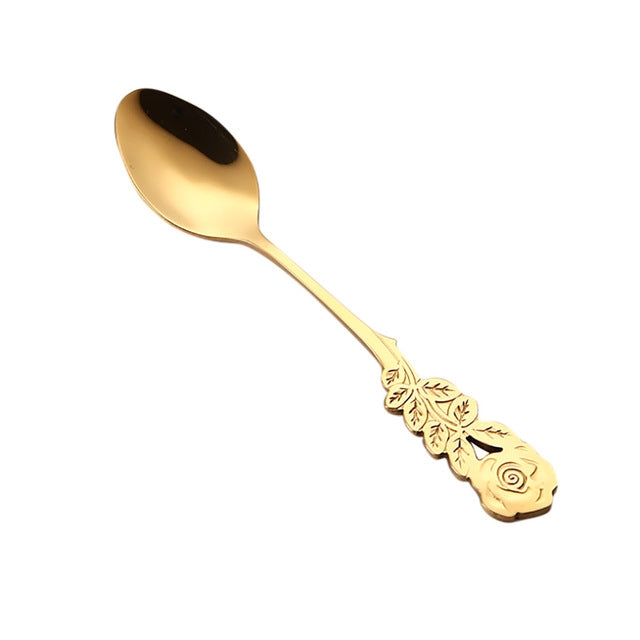 ELECTROPRIME Small Mini Stainless Steel Rose Flower Coffee Spoon Strring Spoon Teaspoon Tea Spoon Dessert Spoon Long Handle Tableware(Titanium Gold)