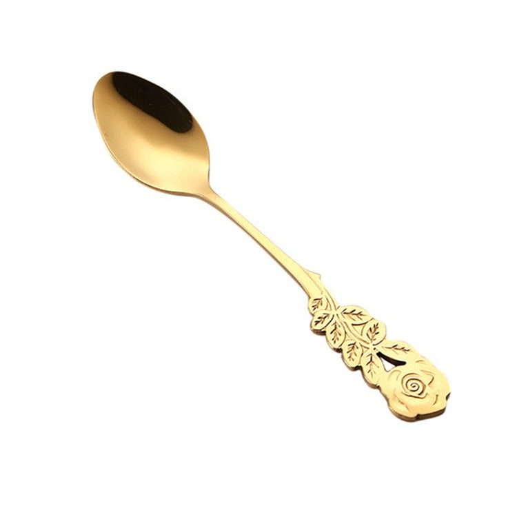 ELECTROPRIME Small Mini Stainless Steel Rose Flower Coffee Spoon Strring Spoon Teaspoon Tea Spoon Dessert Spoon Long Handle Tableware(Titanium Gold)