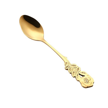 ELECTROPRIME Small Mini Stainless Steel Rose Flower Coffee Spoon Strring Spoon Teaspoon Tea Spoon Dessert Spoon Long Handle Tableware(Titanium Gold)