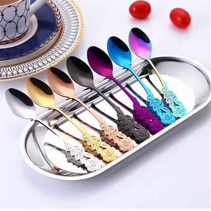ELECTROPRIME Small Mini Stainless Steel Rose Flower Coffee Spoon Strring Spoon Teaspoon Tea Spoon Dessert Spoon Long Handle Tableware(Titanium Gold)