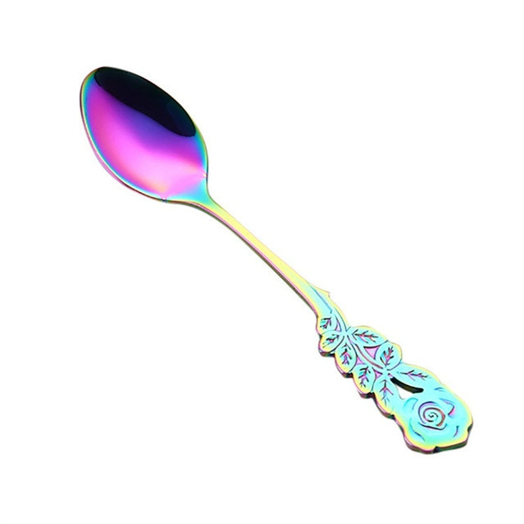 ELECTROPRIME Small Mini Stainless Steel Rose Flower Coffee Spoon Strring Spoon Teaspoon Tea Spoon Dessert Spoon Long Handle Tableware(Multicolor)