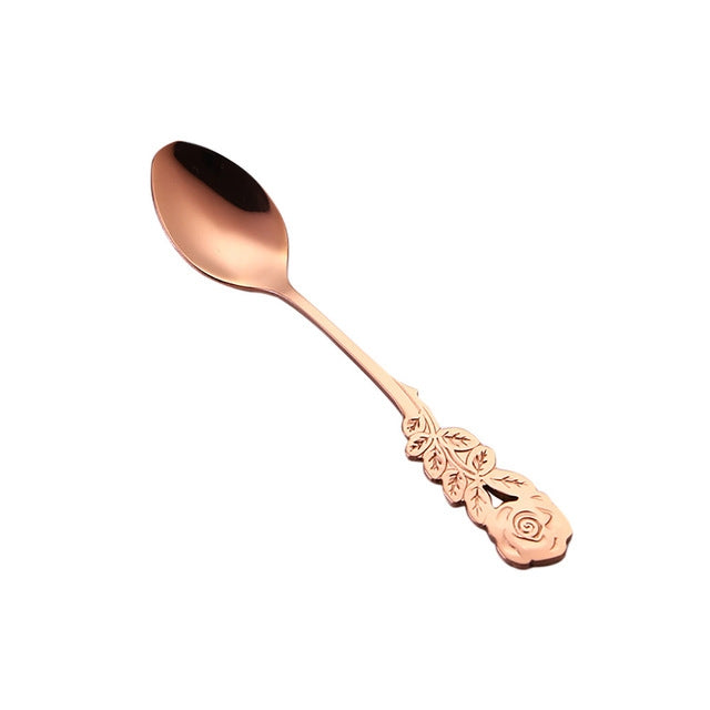 ELECTROPRIME Small Mini Stainless Steel Rose Flower Coffee Spoon Strring Spoon Teaspoon Tea Spoon Dessert Spoon Long Handle Tableware(Rose Gold)