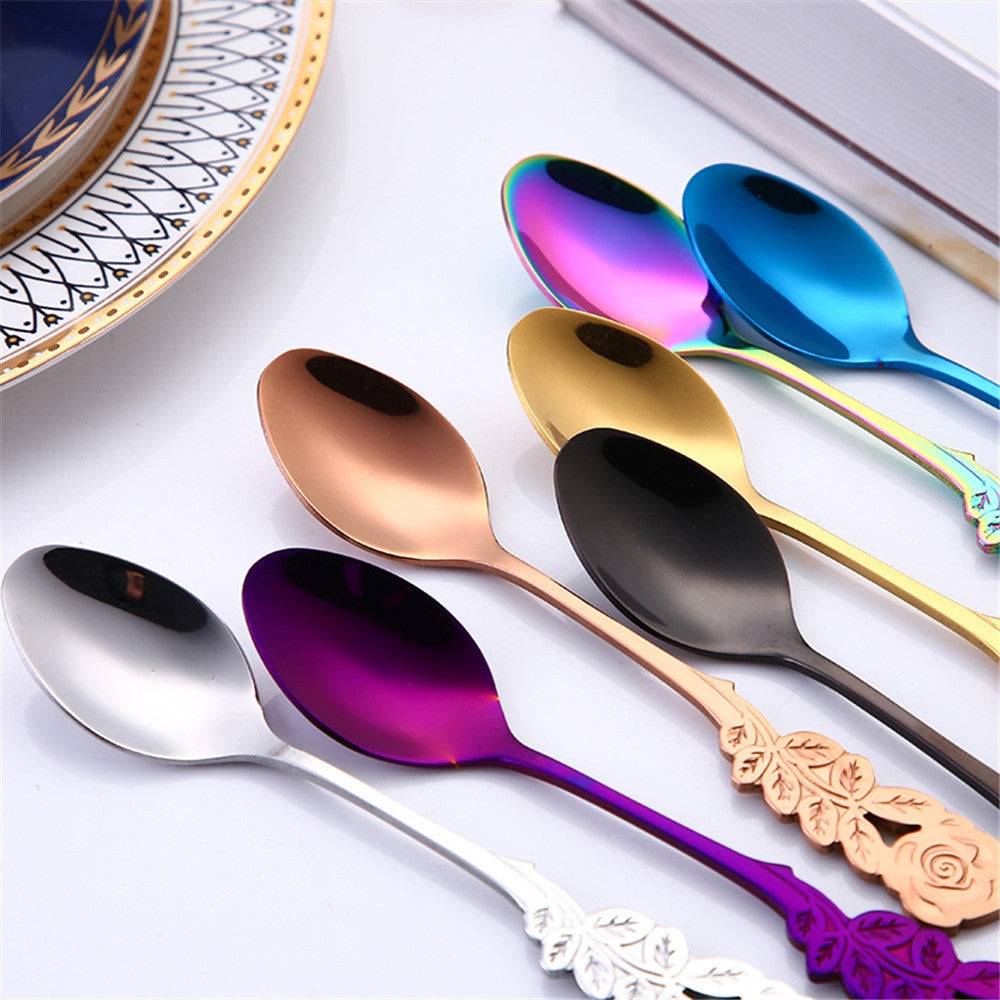 ELECTROPRIME Small Mini Stainless Steel Rose Flower Coffee Spoon Strring Spoon Teaspoon Tea Spoon Dessert Spoon Long Handle Tableware(Rose Gold)