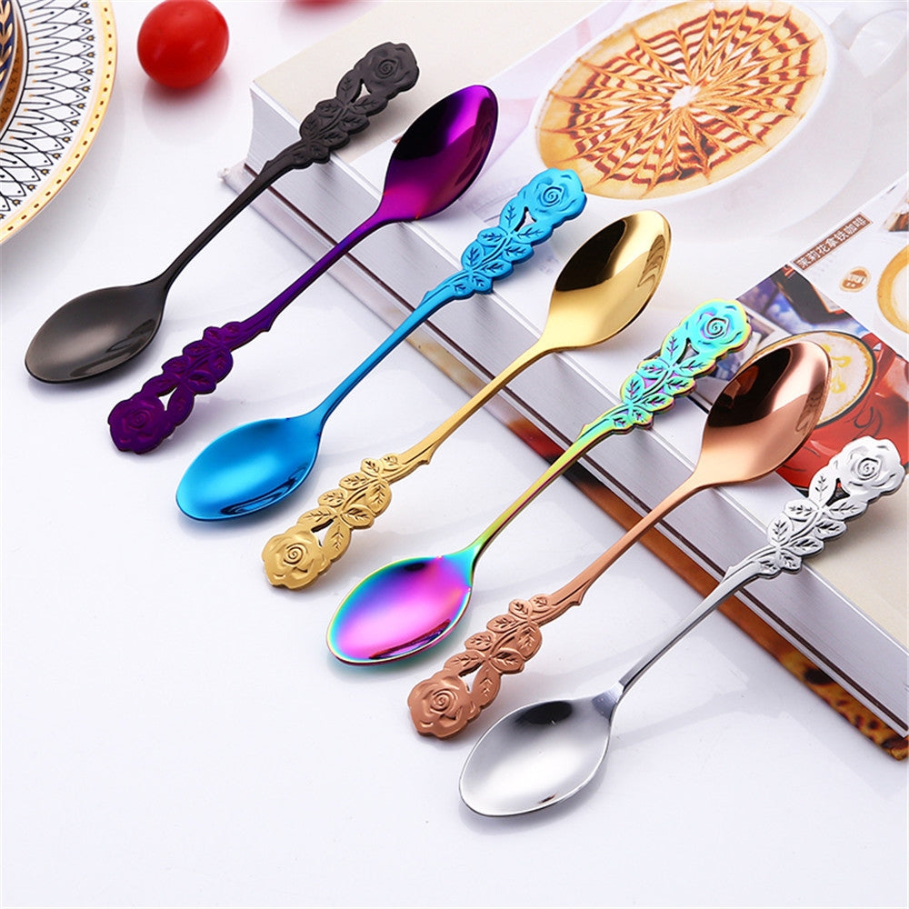 ELECTROPRIME Small Mini Stainless Steel Rose Flower Coffee Spoon Strring Spoon Teaspoon Tea Spoon Dessert Spoon Long Handle Tableware(Rose Gold)