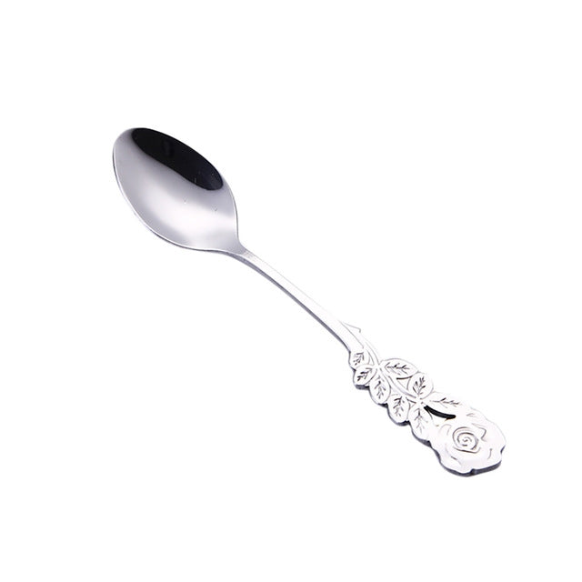 ELECTROPRIME Small Mini Stainless Steel Rose Flower Coffee Spoon Strring Spoon Teaspoon Tea Spoon Dessert Spoon Long Handle Tableware(Silver)