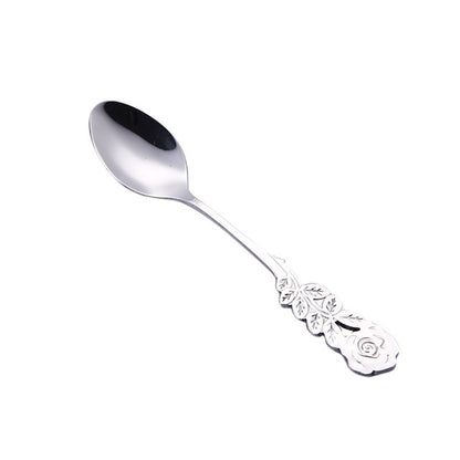 ELECTROPRIME Small Mini Stainless Steel Rose Flower Coffee Spoon Strring Spoon Teaspoon Tea Spoon Dessert Spoon Long Handle Tableware(Silver)