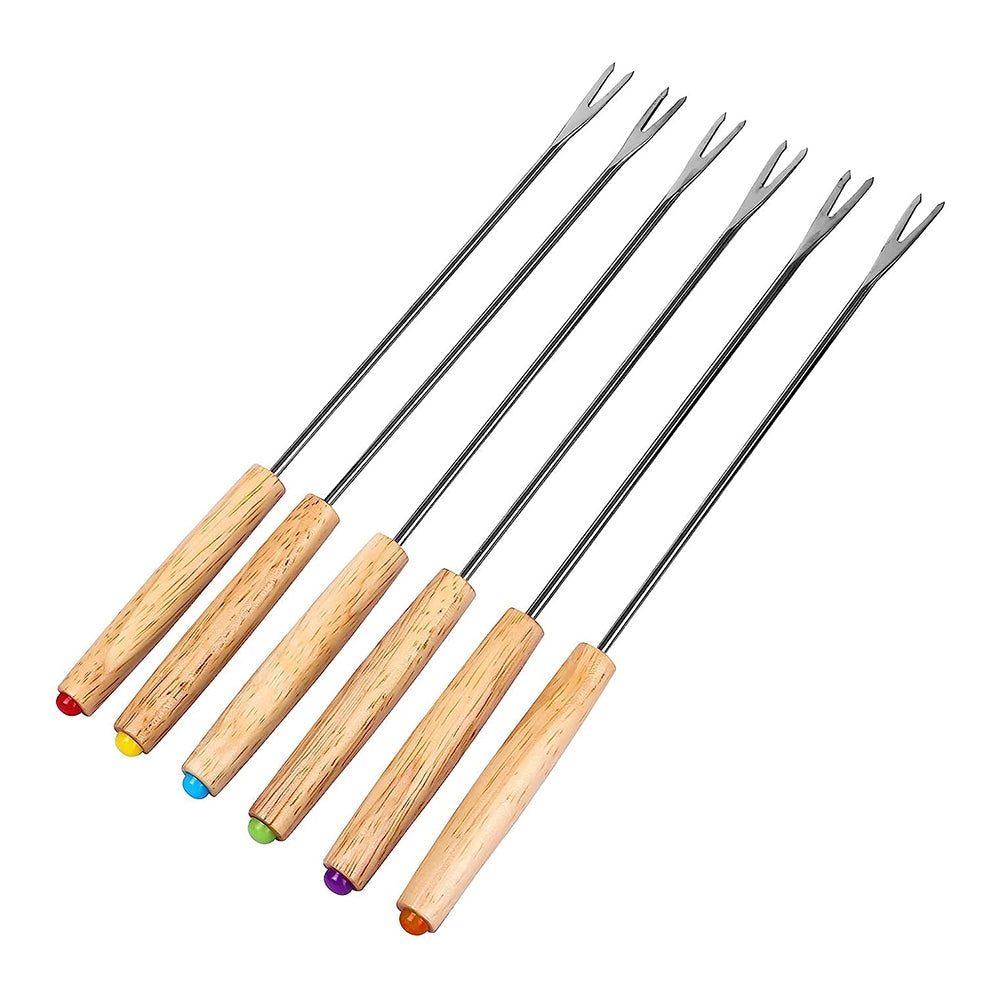 ELECTROPRIME Stainless Steel Wooden Handle Chocolate Fork Hot Pot Forks Cheese Fruit Dessert Fork Fondue Melting Skewer Kitchen Tools, Random Color Delivery