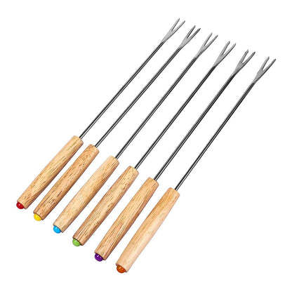 ELECTROPRIME Stainless Steel Wooden Handle Chocolate Fork Hot Pot Forks Cheese Fruit Dessert Fork Fondue Melting Skewer Kitchen Tools, Random Color Delivery