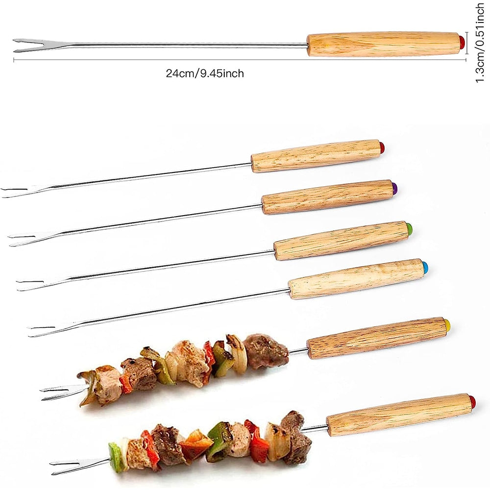ELECTROPRIME Stainless Steel Wooden Handle Chocolate Fork Hot Pot Forks Cheese Fruit Dessert Fork Fondue Melting Skewer Kitchen Tools, Random Color Delivery