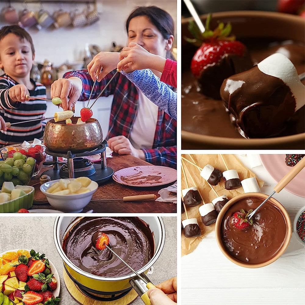 ELECTROPRIME Stainless Steel Wooden Handle Chocolate Fork Hot Pot Forks Cheese Fruit Dessert Fork Fondue Melting Skewer Kitchen Tools, Random Color Delivery