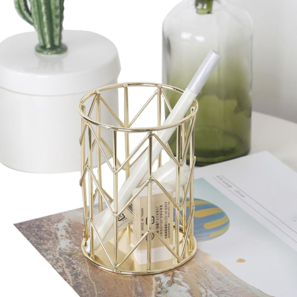 ELECTROPRIME Hollow Iron Pen Holder Makeup Brushes Storage Desk Organizer Container(Gold)