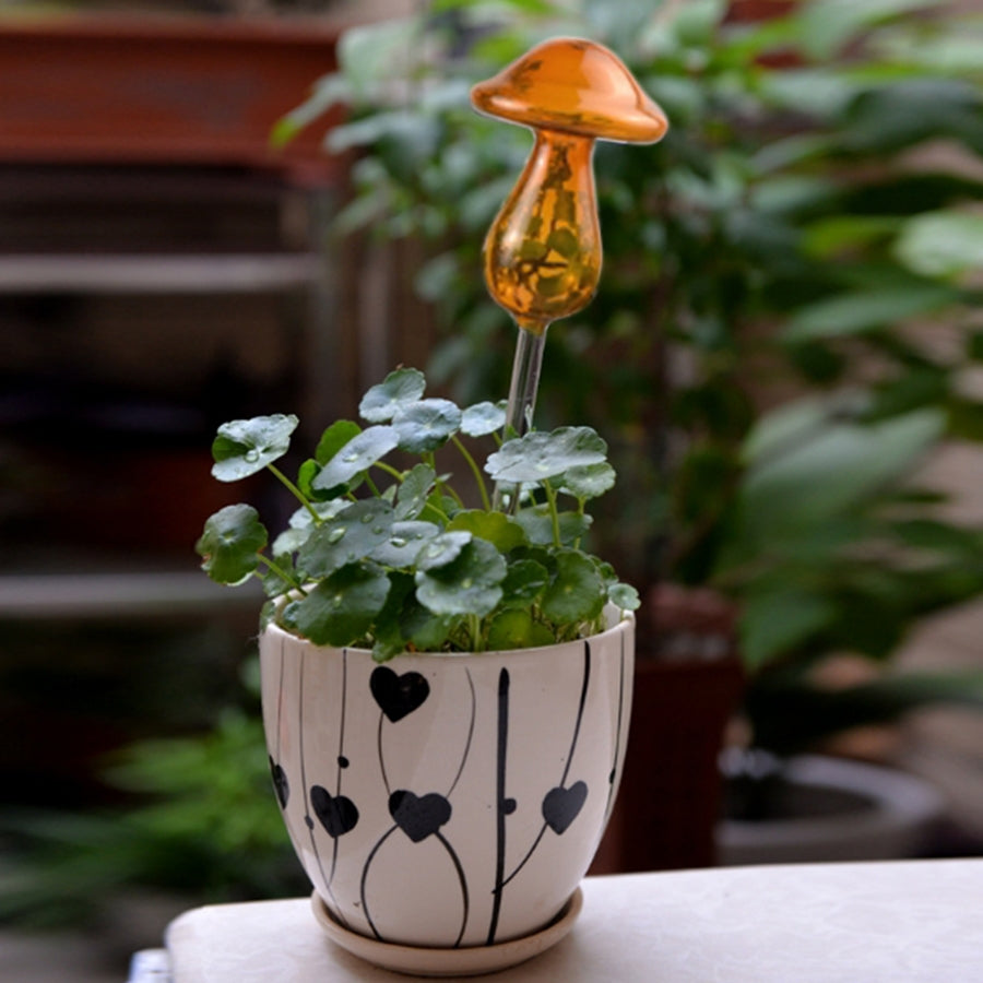 ELECTROPRIME Mushroom Shape House Plants Flowers Water Feeder Automatic Self Watering Clear Glass Devices(Yellow)