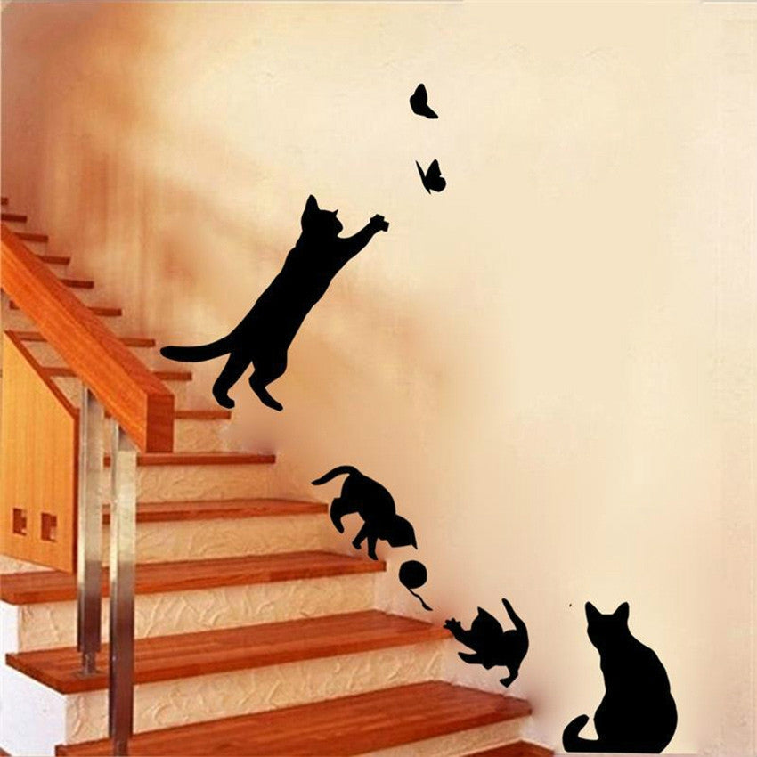 ELECTROPRIME Cat Playing Butterfly Wall Sticker Detachable Decorative Applique Bedroom Kitchen Decoration