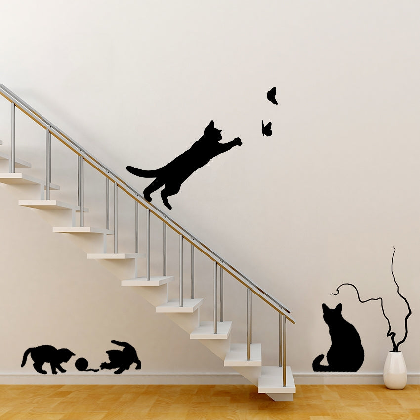 ELECTROPRIME Cat Playing Butterfly Wall Sticker Detachable Decorative Applique Bedroom Kitchen Decoration