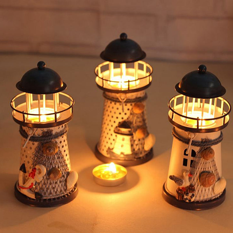 ELECTROPRIME Mediterranean Style Round Hole tin Lighthouse Candlestick Home Desktop Decoration Wrought Iron Candlestick(Tower)