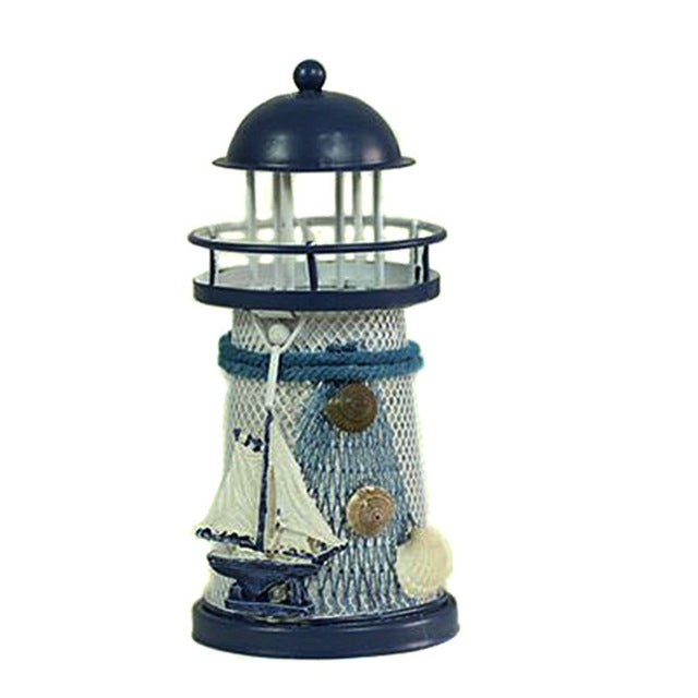 ELECTROPRIME Mediterranean Style Round Hole tin Lighthouse Candlestick Home Desktop Decoration Wrought Iron Candlestick(Sailboat)