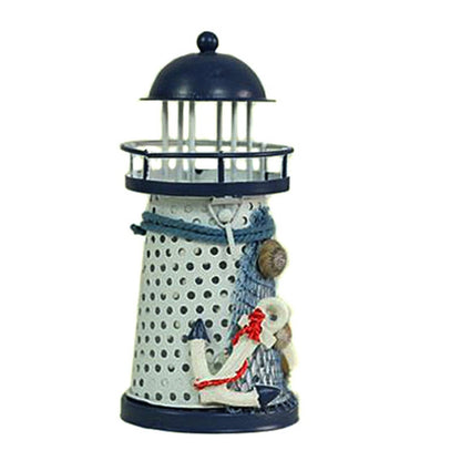 ELECTROPRIME Mediterranean Style Round Hole tin Lighthouse Candlestick Home Desktop Decoration Wrought Iron Candlestick(Anchor)