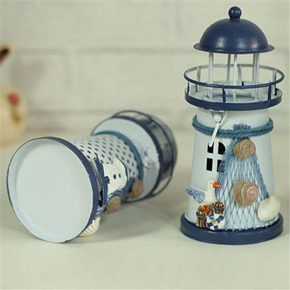 ELECTROPRIME Mediterranean Style Round Hole tin Lighthouse Candlestick Home Desktop Decoration Wrought Iron Candlestick(Anchor)