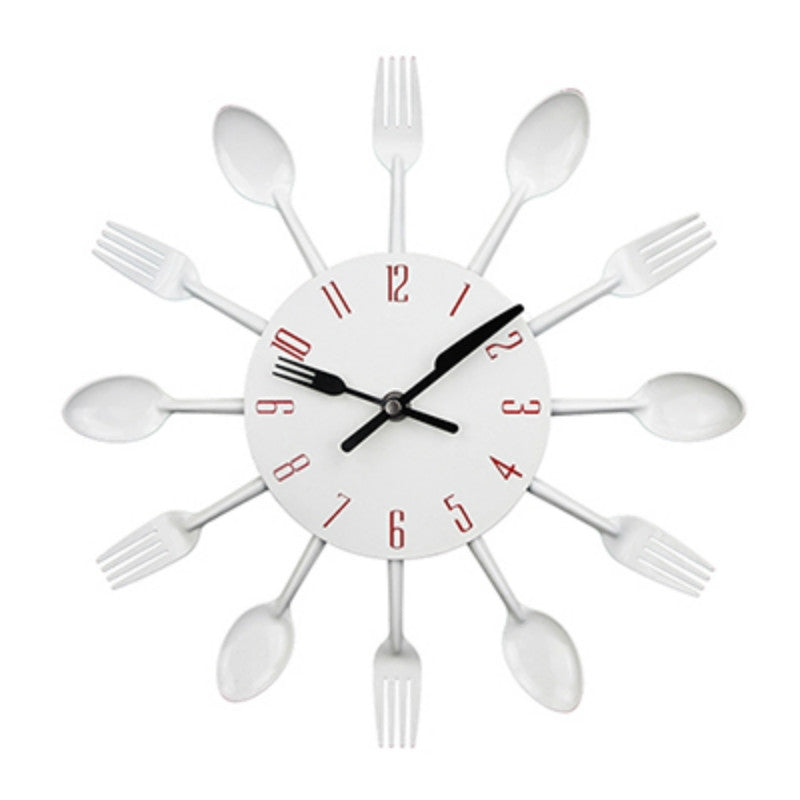 ELECTROPRIME Cutlery Metal Kitchen Wall Clock Spoon Fork Creative Quartz Wall Mounted Clocks Modern Design Decorative Horloge White