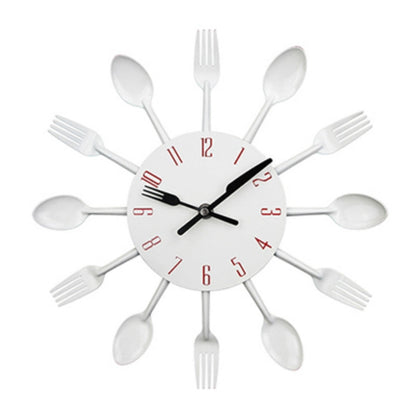 ELECTROPRIME Cutlery Metal Kitchen Wall Clock Spoon Fork Creative Quartz Wall Mounted Clocks Modern Design Decorative Horloge White