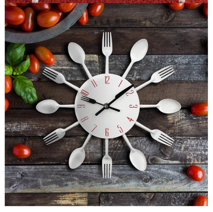 ELECTROPRIME Cutlery Metal Kitchen Wall Clock Spoon Fork Creative Quartz Wall Mounted Clocks Modern Design Decorative Horloge White