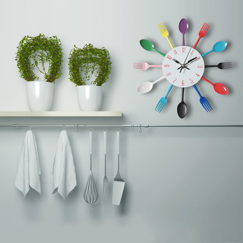 ELECTROPRIME Cutlery Metal Kitchen Wall Clock Spoon Fork Creative Quartz Wall Mounted Clocks Modern Design Decorative Horloge White