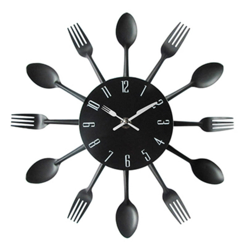 ELECTROPRIME Cutlery Metal Kitchen Wall Clock Spoon Fork Creative Quartz Wall Mounted Clocks Modern Design Decorative Horloge Black